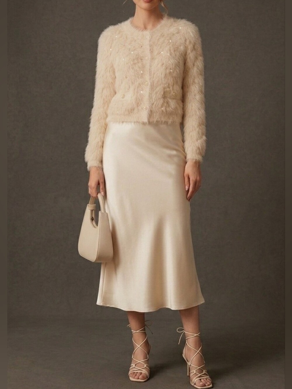 New Luxe Embellished Fluffy Knit Cardigan Sweater Rhinestone Faux Pearl Ivory